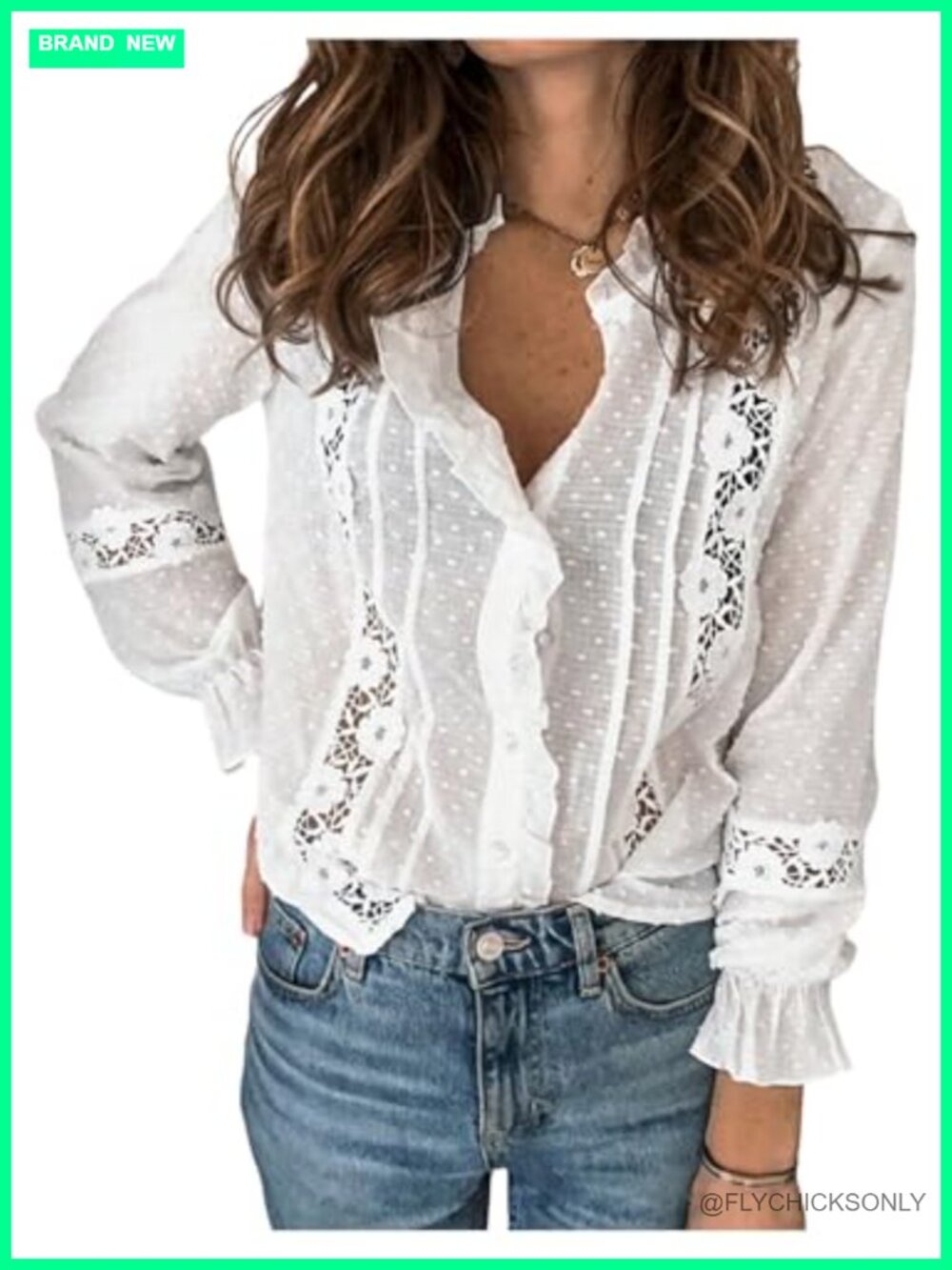 Women's Lace Crochet Tunic Top V Neck Button Down Flowy Blouse